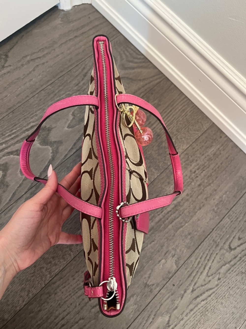Coach Brown Logo Tote with Pink Trim and Cherry Charm - Picture 7 of 10